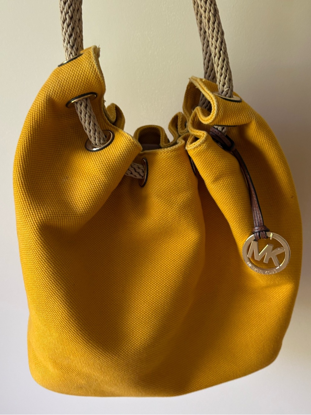 Michael Kors Rope Handle Beach Bag Tote Large Shopper Yellow Canvas Leather Trim